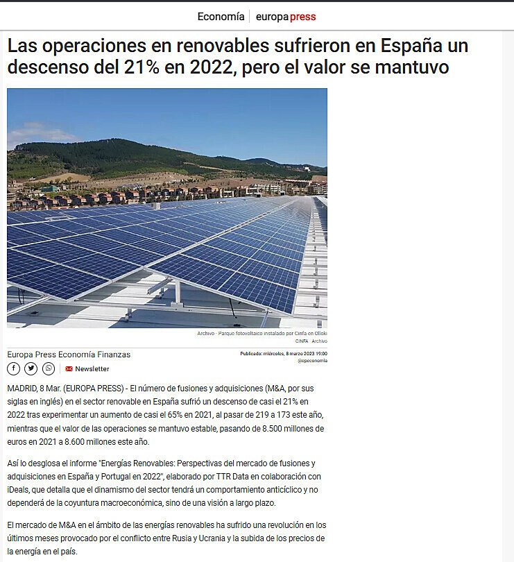 Las operaciones en renovables sufrieron en Espaa un descenso del 21% en 2022, pero el valor se mantuvo
